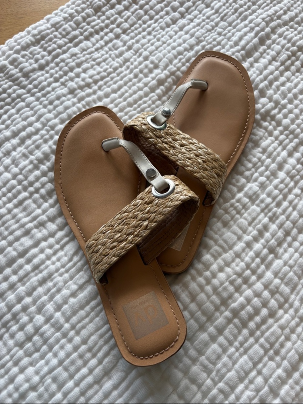 Braided Tan Toe-Post Sandals with Silver Eyelet Detail